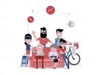 ilustración publicitaria ibercaja grupo de gente hablando de finanzas